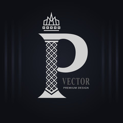 Elegant Capital letter P. Graceful Royal Style. Creative Calligraphic Beautiful Logo. Vintage Drawn Emblem for Book Design, Brand Name, Business Card, Restaurant, Boutique, Hotel. Vector illustration