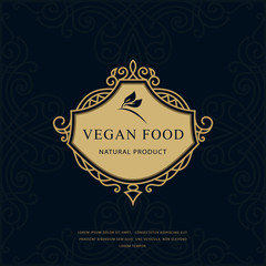 Vintage Monogram Vegan Food. Classic Filigree Style. Graceful Vegetarian Logo on Floral Background. Calligraphic Emblem for Restaurant, Book Design, Brand Name, Boutique, Cafe. Vector illustration