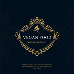 Vintage Monogram Vegan Food. Classic Filigree Style. Graceful Vegetarian Logo on Floral Background. Calligraphic Emblem for Restaurant, Book Design, Brand Name, Boutique, Cafe. Vector illustration