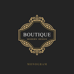 Fototapeta premium Monogram Design Elements, Graceful Template. Calligraphic Elegant Line Art Logo Design. Emblem Sign for Royalty, Business Card, Boutique, Hotel, Restaurant, Wine. Frame for Label. Vector Illustration