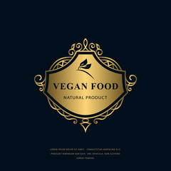 Vintage Monogram Vegan Food. Classic Style. Graceful Vegetarian Gold Logo on Floral Background. Calligraphic Emblem for Restaurant, Book Design, Brand Name, Boutique, Cafe. Vector illustration