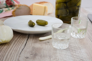 Cold Ukrainian grills with appetizers on a wooden table.