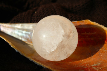 Quartz crystal ball in pinna nobilis, noble pen shell dry sceleton