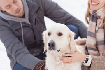 Happy young married couple hugging their smart big white dog while walking in the winter. Family pastime concept