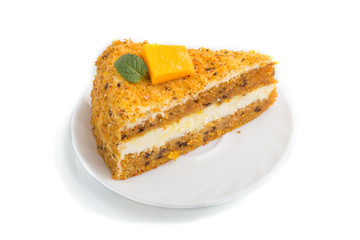 Homemade cake with persimmon and pumpkin isolated on white background. side view.