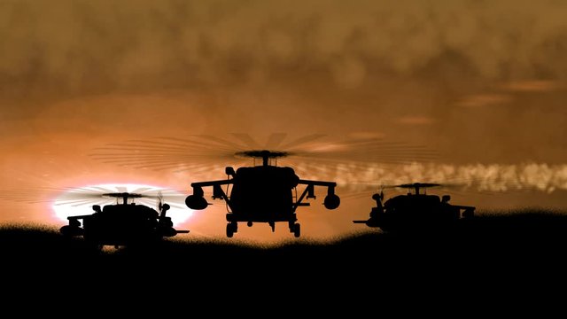 Three Silhouettes of military helicopters arise from a hill on a night orange sky sunset background. War concept.