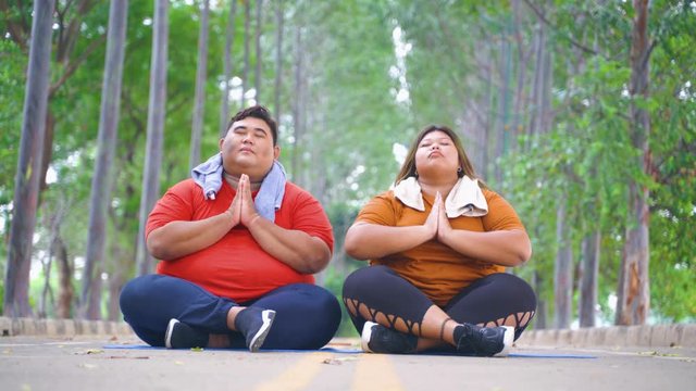 Overweight couple doing yoga exercise and meditating together at the park. Shot in 4k resolution