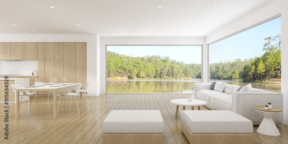 Poster View of living room in minimal style with white sofa and small side table on wood laminate floor on lake view background. 3D rendering.	