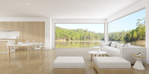 Fototapeta na wymiar View of living room in minimal style with white sofa and small side table on wood laminate floor on lake view background. 3D rendering. 