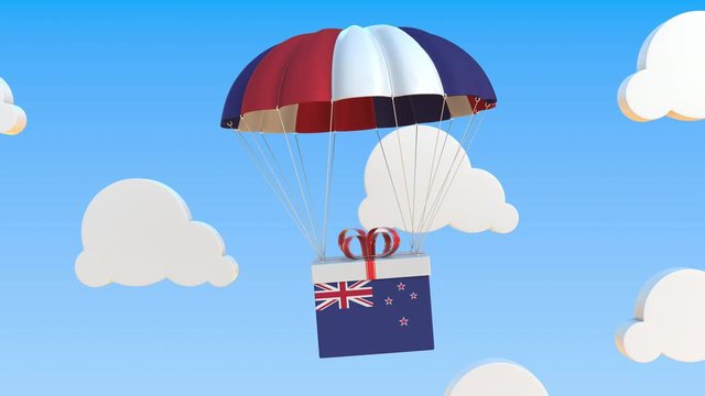 Box with national flag of New Zealand falls with a parachute. Loopable conceptual 3D animation