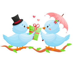 Romantic blue birds couple with a gift under pink umbrella. Vector Illustration.