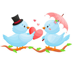 Romantic blue birds sharing love heart under pink umbrella. Vector Illustration.