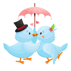 Romantic blue birds kissing under love umbrella. Vector Illustration.