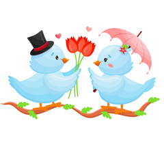 Romantic blue birds couple with flowers under pink umbrella. Vector Illustration.