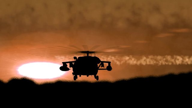 Silhouette of a military helicopter arises from a hill and turns by its side on a camera on a orange sunset background. War concept.