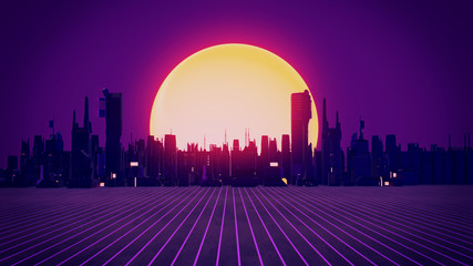 Retro 80s synthwave glowing neon lights plane with sun and city skyline | 3D Illustration