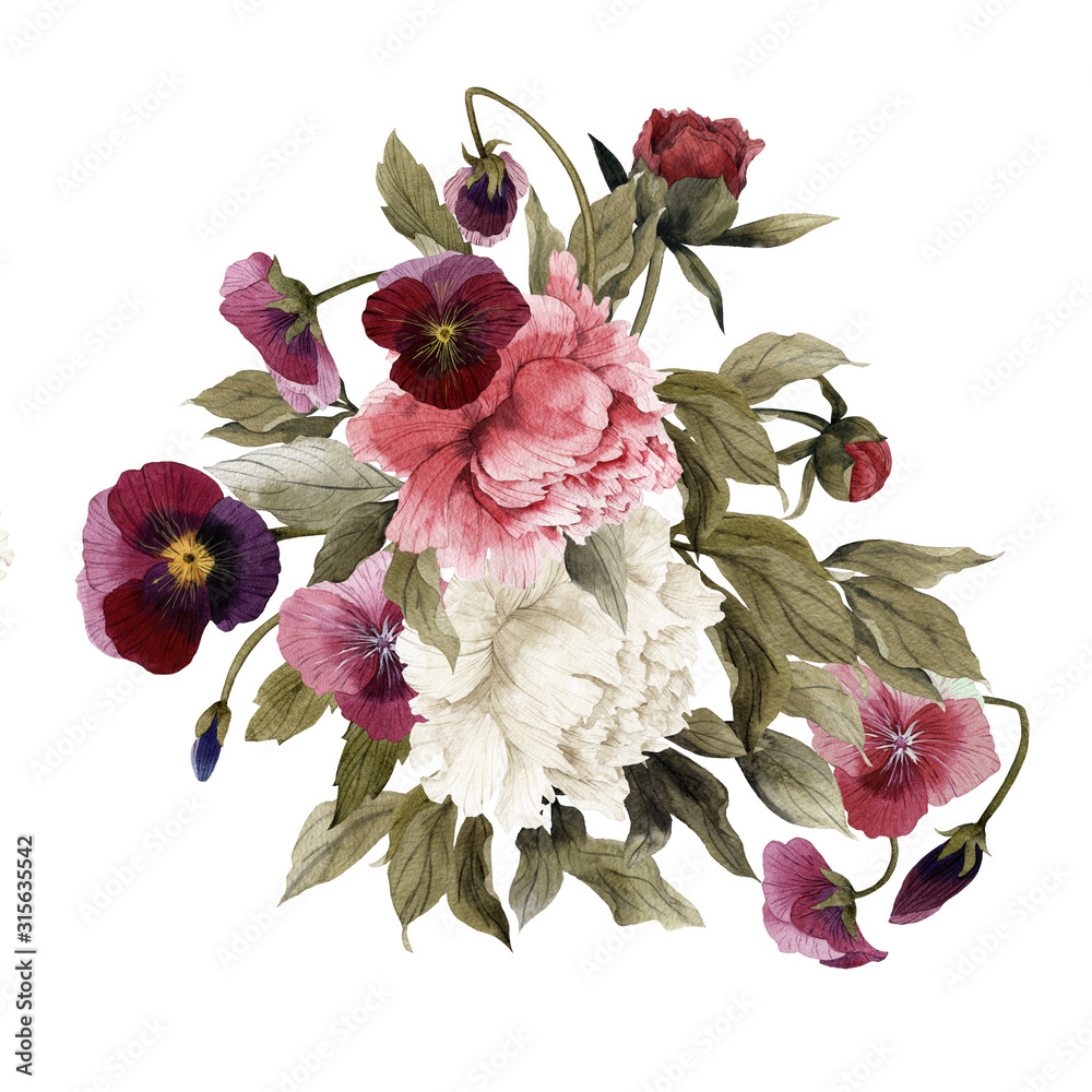 Wall mural Bouquet of peonies and pansy, watercolor, can be used as greeting card, invitation card for wedding, birthday and other holiday and  summer background