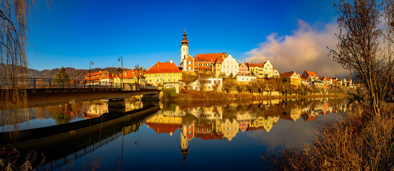 Naklejka premium Frohnleiten panorama small town above Mur river in Styria,Austria. Famous travel destination.