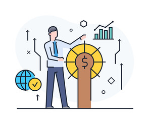 businessman holds the helm. Workflow, growth, graphics. Business development, milestones, start-up. linear illustration Icons infographics. Landing page site print poster. Line story