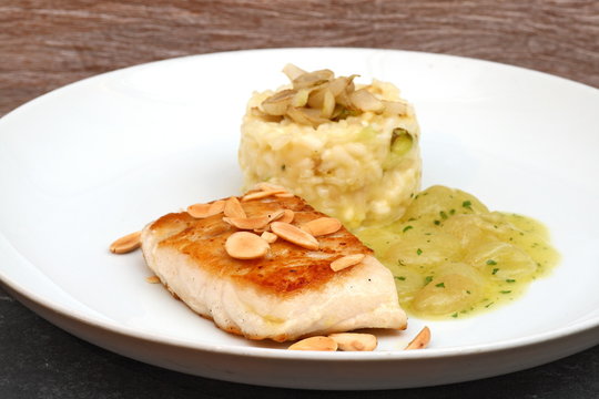 whiting with asparagus risotto and green grape puree