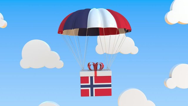 Box with national flag of Norway falls with a parachute. Loopable conceptual 3D animation