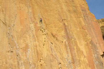 Climbers climb a large rock, filmed from the back. With space