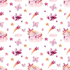 Cute watercolor seamless pattern with unicorns. Farytail style. Can be used for nursery, baby room wallpaper, textile, print for princess