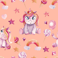 Cute watercolor seamless pattern with unicorns. Farytail style. Can be used for nursery, baby room wallpaper, textile, print for princess