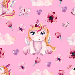 Cute watercolor seamless pattern with unicorns. Farytail style. Can be used for nursery, baby room wallpaper, textile, print for princess