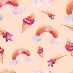 Cute watercolor seamless pattern with rainbow and icecream. Farytail style. Can be used for nursery, baby room wallpaper, textile, print for princess