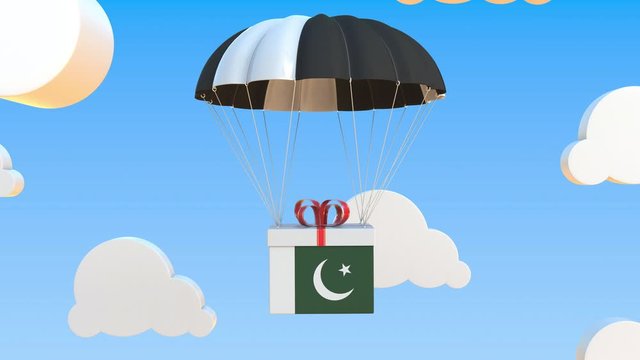 Box with national flag of Pakistan falls with a parachute. Loopable conceptual 3D animation