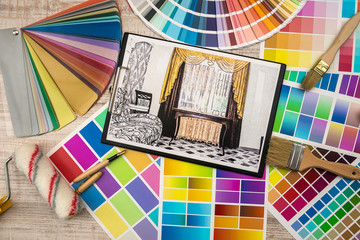 Interior design concept - apartment sketch with color palette and tools.