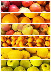 Top view on bright yellow and orange juicy fruits - apples, tangerines, lemons. Vitamin healthy foods. Collage, flat lay, close-up
