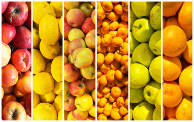 Collage of bright yellow and orange juicy fruits - apples, tangerines, lemons. Vitamin healthy foods. Top view, flat lay