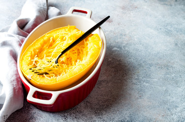 Roasted spaghetti squash pumpkin. Vegan, plant based healthy seasonal fall or autumn food