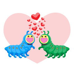 Valentine s day characters insect caterpillars in love hearts on a white isolated background. Cartoon. Vector image