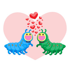 Valentine s day characters insect caterpillars in love hearts on a white isolated background. Cartoon. Vector image