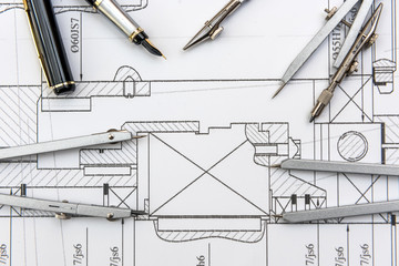 Engineer's drawing with different tools top view. Technical concept