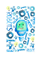 Watercolor robot Isolated on a White Background Hand Drawn Illustration. Good for kid's t-shirts, banner, card, logo, poster template.