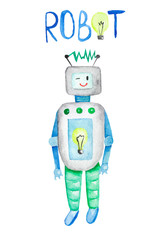 Watercolor robot Isolated on a White Background Hand Drawn Illustration. Good for kid's t-shirts, banner, card, logo, poster template.