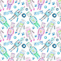 Watercolor hand drawn cute robots seamless pattern. Cartoon cute background. Perfect for kids apparel, textile, fabric, nursery. on white background
