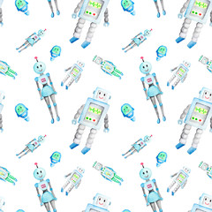 Watercolor hand drawn cute robots seamless pattern. Cartoon cute background. Perfect for kids apparel, textile, fabric, nursery. on white background