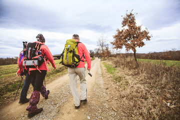 Fototapeta na wymiar Hiking Group Of People Walking In Nature
