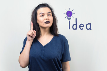 Illustration of an idea in the form of a light bulb drawn on the wall and a thinking girl over a business plan.