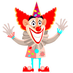 Jolly clown smiles and waves his hands. Clown in a red wig isolated on a white background.