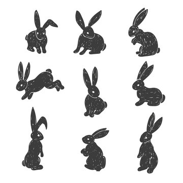 Set of cute bunnies. Easter vector sketch illustration of rabbits