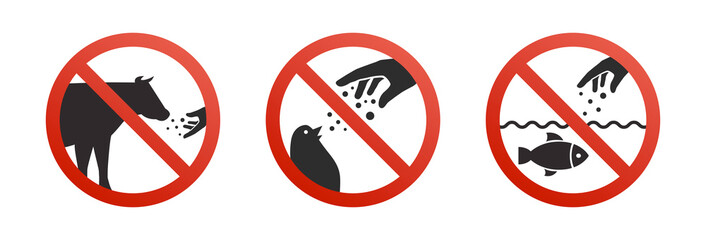 Do not feed the animals wildlife signs set. Vector illustration.