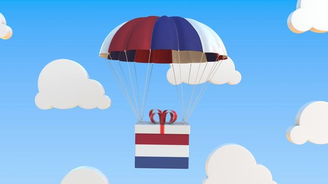 Carton with flag of the Netherlands falls with a parachute. Loopable conceptual 3D animation