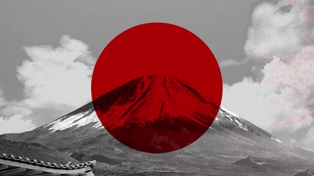 Room to put your text. Collage Japanese travel blog poster. Stop motion staccato animation of the Japan flag, mountain Fuji, Japanese Temple, and Sakura blossoms in the background. 