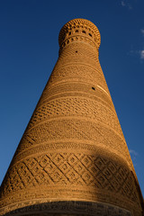 Close up view of ancient Kalyan Minaret, part of Po-i-Kalyan complex in Bukhara, Uzbekistan